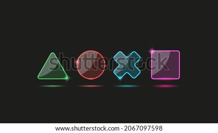 Game console joystick glowing neon buttons signs, matte glass icons with shadows gamer fan black background.