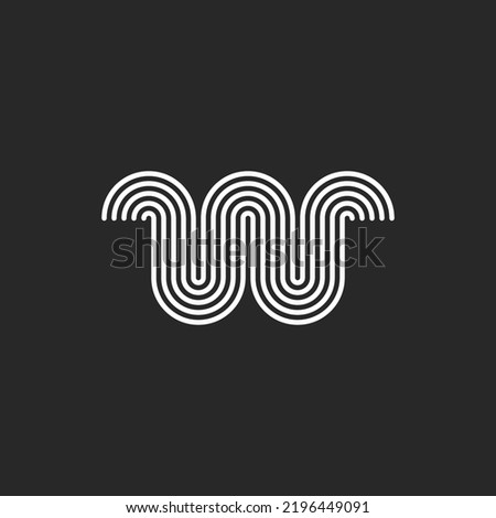 Letter W logo minimal monogram initial waves shape, smooth parallel black and white thin rounded lines waves pattern.