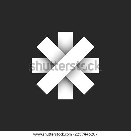 Snowflake shape logo or road overpass intersection icon, made of intersecting white stripes with 3d overlay layers and shadows.
