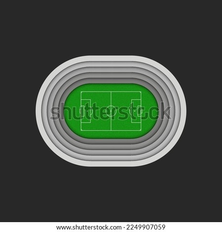 3d Football stadium miniatures oval shape top view, sports facility with multi - tiered stands and a green grassy field.