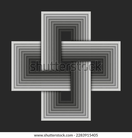 Cross shape logo or plus sign with rectangular corners from gradient gray interlaced parallel stripes with layered effect creative pattern symbol.