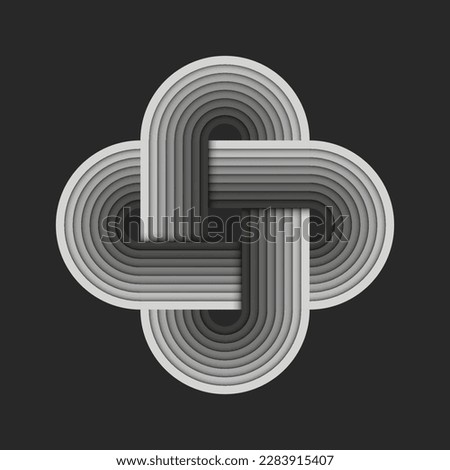 Cross rounded shape logo or plus sign made of gradient gray interlaced stripes with layered effect creative pattern symbol.