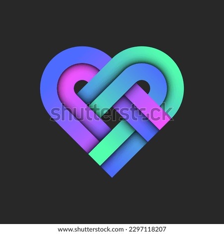 Heart shape logo from vibrant gradient, intersection rounded stripes with 3d layers effect with shadows, creative vivid weaving pattern symbol.