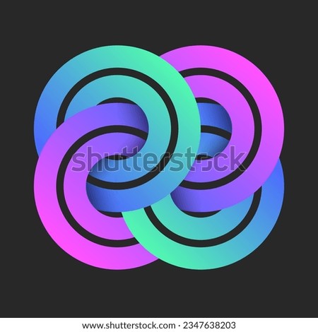 Circular pattern logo or chain mail round links weaving symbol vibrant gradient creative design, overlapping four circles logotype from bright colorful overlapping geometric shapes
