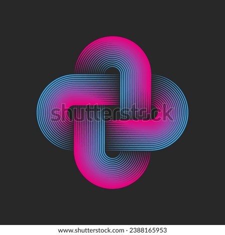 Interlacing logo of two ovals in the shape of a cross or plus symbol, linear creative design emblem print from parallel lines pink blue gradient.