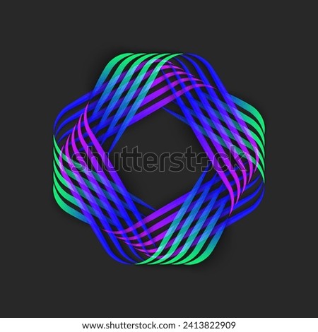 Fractal pattern logo from thin intertwined parallel lines, two squares overlapping geometric shape, intersection linear structure.