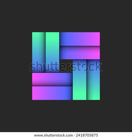 Square geometric logo from vibrant gradient, intersecting rectangular stripes with 3D layers and shadows, creative vivid weaving pattern symbol.