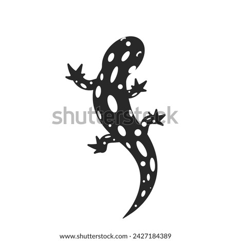 Fire salamander logo amphibian black with white spots top view isolated on white background, lizard in negative space style, tattoo template.