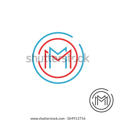 Letter M logo circle frame monogram, mockup line round border design element, red and blue graphic tech geometric shape.