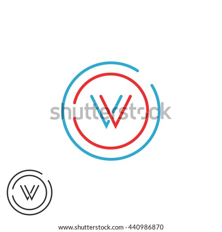 Initials VV combination monogram logo V letter, thin lines red and blue circle frame, mockup decoration design element