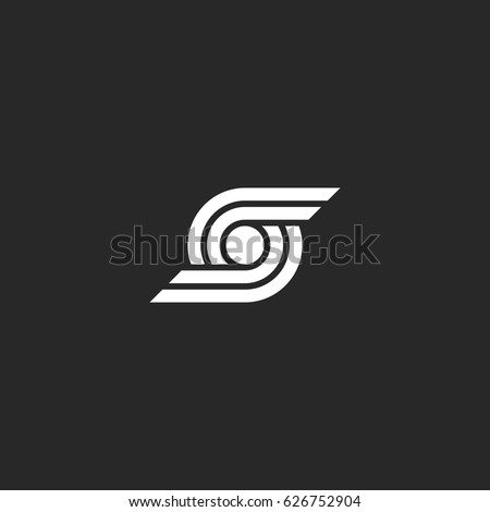 Letter S logo abstract wings and circle geometric shape design element template, technology smooth lines emblem mockup, black and white design element.