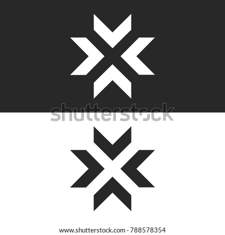 Converge arrows logo mockup, letter X shape black and white graphic concept, intersection 4 directions in center crossroad creative resize icon