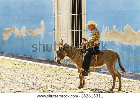 TRINIDAD, CUBA - DECEMBER 8, 2013: Old men sits on a donkey on the cobblestone street of Trinidad in Cuba  and asks turists for money for a picture with him,