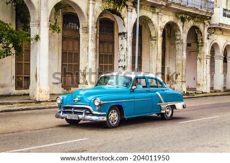HAVANA, CUBA - DECEMBER 2, 2013: Old classic American blue car on one of Havana\'s main streets, near Malecon (Avenida de Maceo)