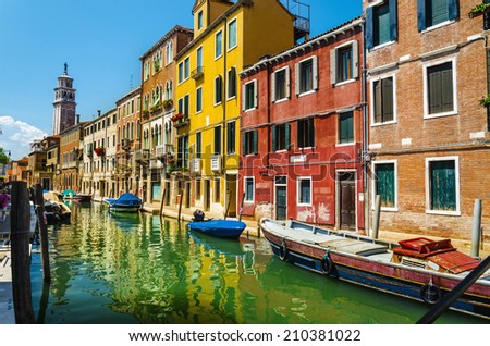 Beautiful romantic Venetian scenery, colorful houses on the canal, Venice, Italy