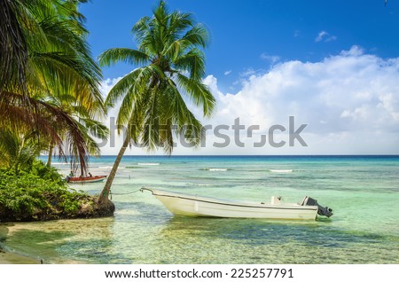 Exotic coast of the Dominican Republic with beautiful beach with moored fishing boat