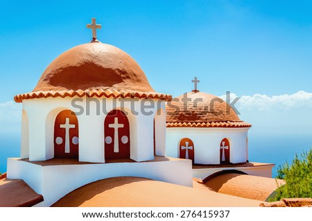 A view of a typical church with red roof on Greek island, Kalymnos, Greece