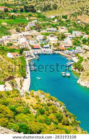 View on Vathi village and breathtaking sea bay with yachts, Kalymnos, southern Greece