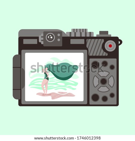 digital camera with a panel. view from the side of the photographer. control buttons and screen Vector stock illustration on a lettuce background Place for photo In the lens, a girl on the beach Flat