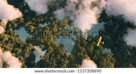 Sustainable habitat world concept. Distant aerial view of a dense rainforest vegetation with lakes in a shape of world continents, clouds and one small yellow airplane. 3d rendering.