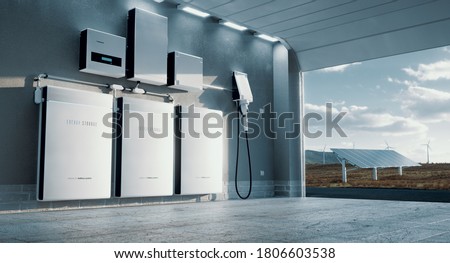 Concept of a home energy storage system based on a lithium ion battery pack situated in a modern garage with  view on a vast landscape with solar power plant and wind turbine farm. 3d rendering.