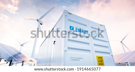 Conceptual image of a modern battery energy storage system with wind turbines and solar panel power plants in background. 3d rendering