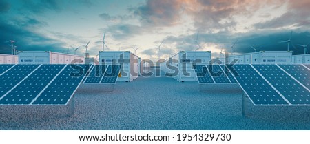 Battery storage power station 
accompanied by solar and wind  turbine power plants. 3d rendering.