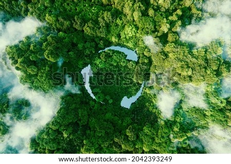 Abstract icon representing the ecological call to recycle and reuse in the form of a pond with a recycling symbol in the middle of a beautiful untouched jungle. 3d rendering. ストックフォト © 