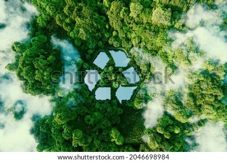 A lake in the shape of a recycling sign in the middle of untouched nature. An ecological metaphor for ecological waste management and a sustainable and economical lifestyle. 3d rendering. Stock foto © 