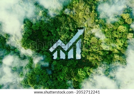 A lake in the shape of a rising graph in the middle of untouched nature symbolizing the growing interest in ecology and nature conservation. 3d rendering.