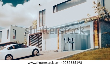 A concept for a home hydrogen system to store solar energy and power electric and hydrogen cars. A modern house with an open garage and a car in the afternoon light. 3d rendering. 商業照片 © 