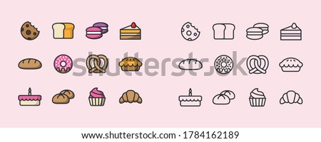 Bakery icon set. Bakery collection of simple outline signs. Fresh baking symbol in flat style. Toast, baguette, bun contour flat icons design. Isolated on white concept vector Illustration