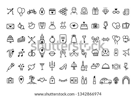 Wedding icons set. Hand drawn vector wedding symbols and signs on white background