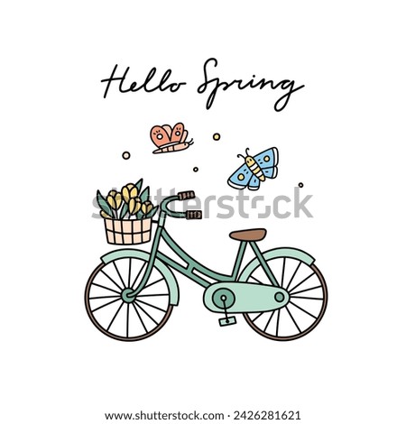 Cute bicycle clipart. Hello spring hand drawn card. City bike and with basket and butterflies on white background