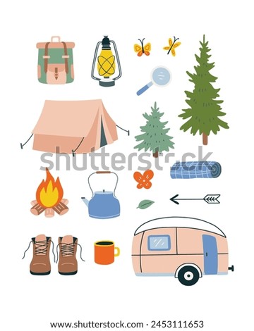 Camping vector set. Cute camping clipart on white background. Tent, camper, boots, trees, backpack