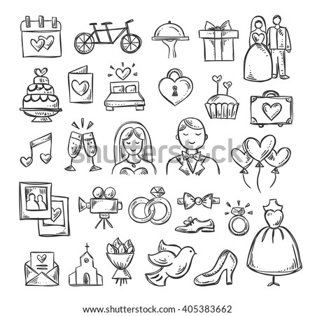 Wedding icons. Hand sketched vector wedding symbols: bride, groom, couple, love, rings, honeymoon, celebration