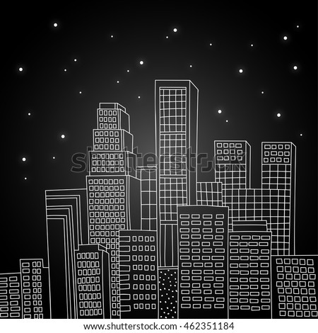 Skyscrapers Int The Night Sky. Architecture Skyline Of Big City. Hand ...
