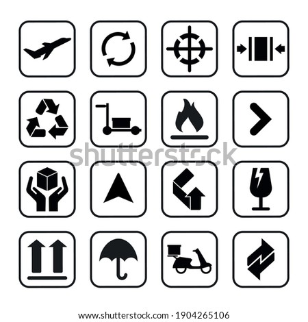 Packaging icons symbol in flat style. Black signs on the package. Vector illustration