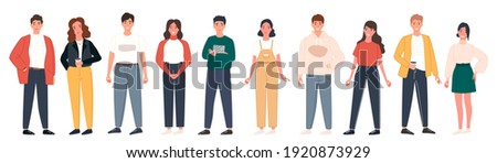 Diverse people group standing together on isolated white background. Happy young men and women character set. Vector illustration different citizen