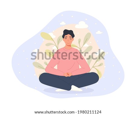 Men sitting on floor and meditating in lotus pose. Yoga meditation practice concept in cartoon style. Vector illustration healthy lifestyle