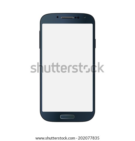 Realistic black mobile phone with blank screen isolated on white. Vector EPS10