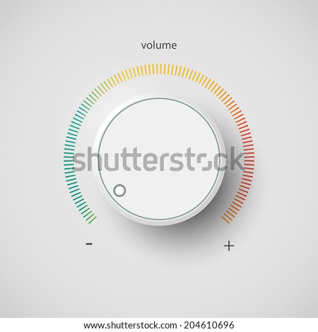 Realistic metal volume control panel tumbler. Music audio sound knob button minimum maximum level. Rotate switch interface stereo tuner isolated on white background. Design element Vector illustration