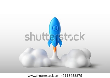 Realistic 3d blue rocket flying in space. Spaceship rocket lunch icon isolated on white background. Catroon space shuttle for startup business concept. Vector simple illustration