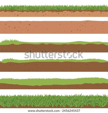 Set of various seamless ground cross sections showing layers of soil, grass, and underground textures, perfect for environmental and landscaping designs.