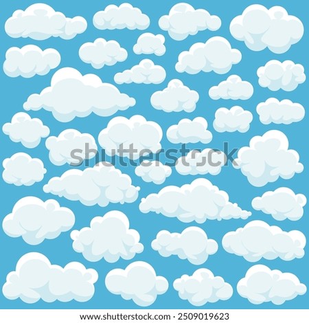 Cartoon fluffy clouds set in cartoon style on blue sky background, cloud shape perfect for children designs, nursery decorations, and playful branding projects. Vector illustration