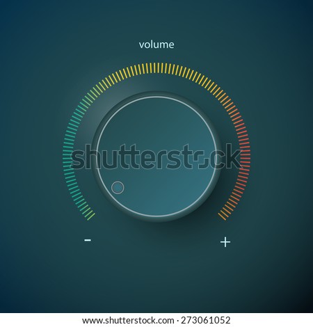 Realistic metal control panel tumbler. Music audio sound volume knob button minimum maximum level. Rotate switch interface stereo tuner. Design element Vector illustration