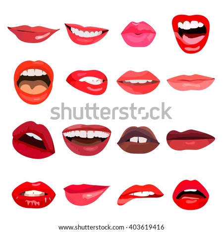 Female lips set on sweet passion. Lip design element lust makeup mouth. Vector print illustration cosmetic sensuality desire. Smile woman red sexy lips