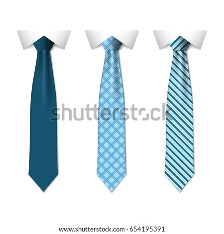 Set different blue ties isolated on white background. Colored tie for men. Vector plain illustration eps10