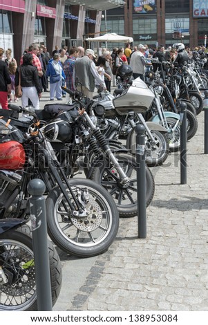 WROCLAW, POLAND - MAY 18: View of Harley Davidson motorcycle parked in the city during 