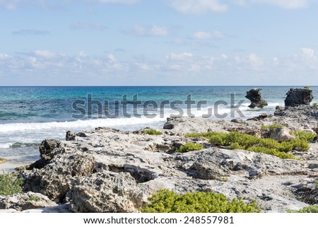 View of the east coast Isla Mujeres, Mexico. The island is located 8 miles east of Cancun in the Gulf of Mexico.